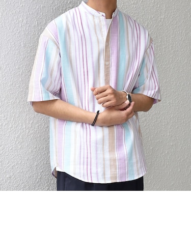 SHIPS any: BEZ TEXTILE マルチカラー ストライプ/ソリッド バンドカラー プルオーバー シャツ◇