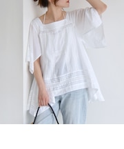 quaranciel:〈洗濯機可能〉コットン レース ライン スクエア ネック ブラウス