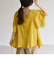 quaranciel:〈洗濯機可能〉コットン レース ライン スクエア ネック ブラウス