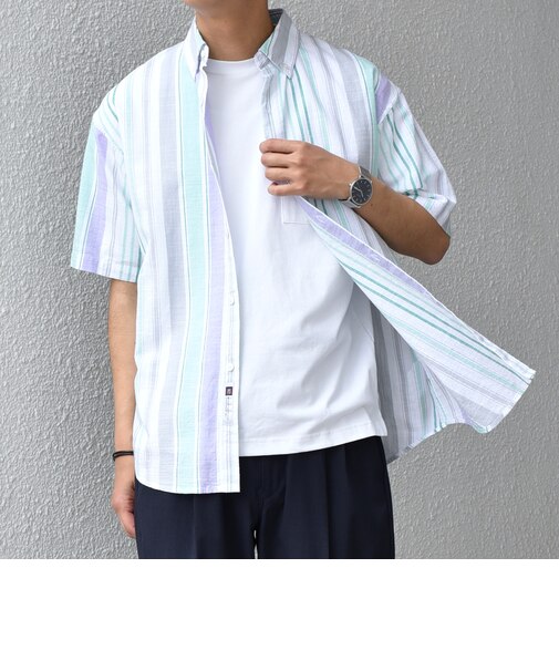 SHIPS any: BEZ TEXTILE マルチカラー ストライプ/ソリッド ボタンダウン ショートスリーブ シャツ◇