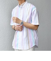 SHIPS any: BEZ TEXTILE マルチカラー ストライプ/ソリッド ボタンダウン ショートスリーブ シャツ◇