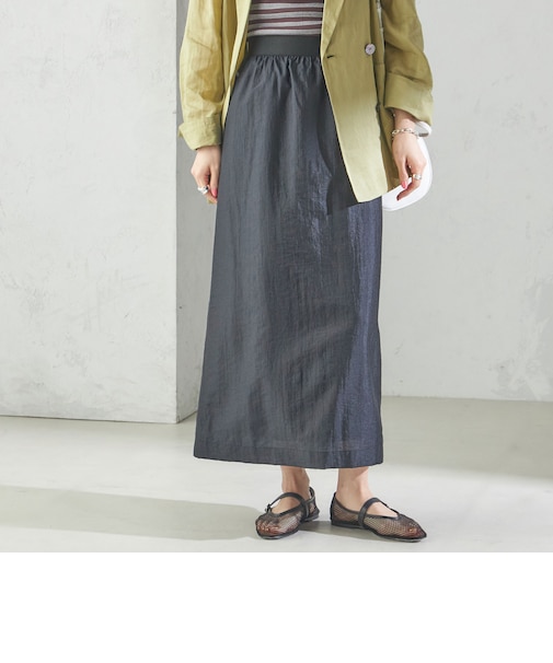 〈手洗い可能〉シアー シャイニー ウエスト ゴム ギャザー スカート