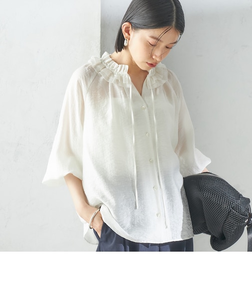 〈手洗い可能〉シルク混 シアー フリル ネック ギャザー ブラウス