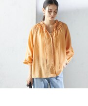 〈手洗い可能〉シルク混 シアー フリル ネック ギャザー ブラウス