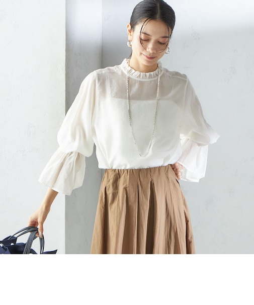 〈手洗い可能〉シルク混 シャイニー フリル スリーブ ブラウス