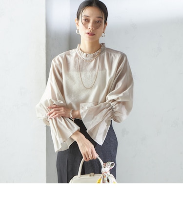 〈手洗い可能〉シルク混 シャイニー フリル スリーブ ブラウス