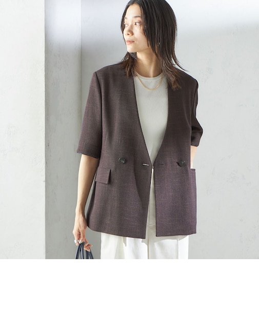 〈手洗い可能〉カラミ ノーラペル 半袖 ジャケット