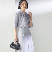 〈手洗い可能〉ストライプ フリル ネック リボン 半袖 ブラウス