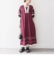 bon_meur:〈洗濯機可能〉ジオメトリック エンブロイダリー パフ マキシ ワンピース