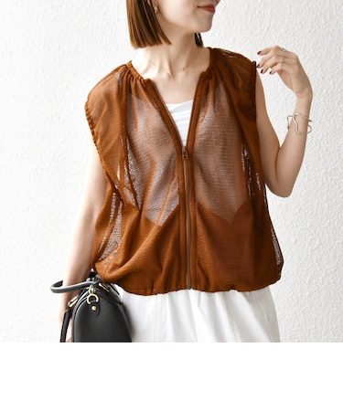 SHIPS any:〈手洗い可能〉メッシュ シアー ドロスト ギャザー ノースリーブ ベスト