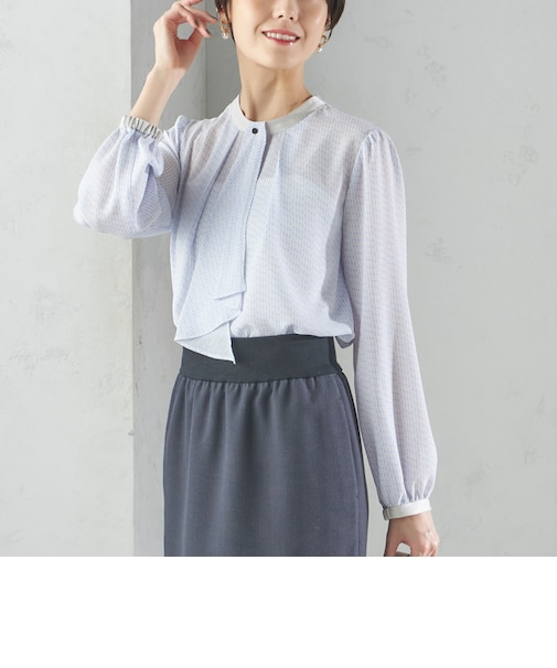 〈手洗い可能〉ボウタイ 幾何 プリント 長袖 ブラウス