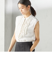 〈手洗い可能〉麻混 フロント フリル フレンチスリーブ ブラウス