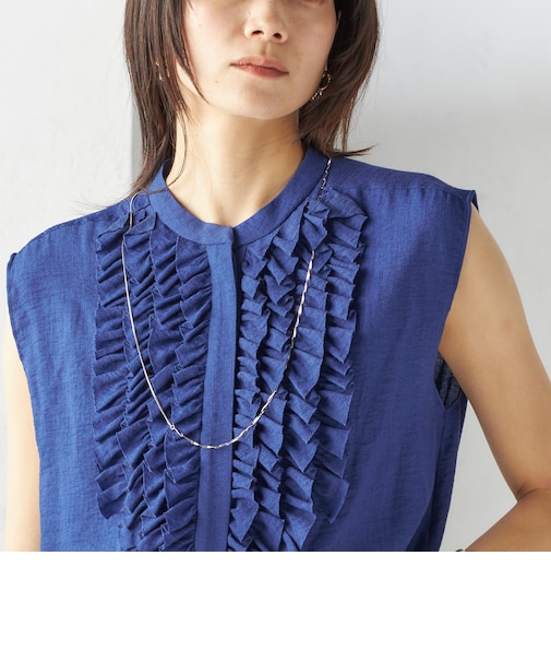 〈手洗い可能〉麻混 フロント フリル フレンチスリーブ ブラウス