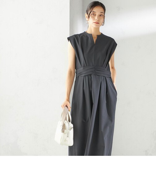 〈手洗い可能〉サッカー ストレッチ ドット 無地 フレンチ スリーブ ワンピース