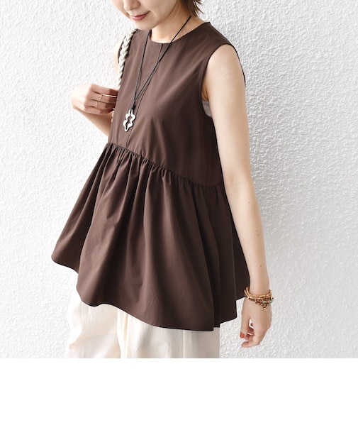 〈接触冷感 / 撥水加工〉TEX BRID(R)タフタ ギャザー ノースリーブ ブラウス