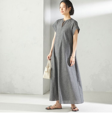 〈接触冷感・手洗い可能〉麻混 シャンブレー フレア ワンピース