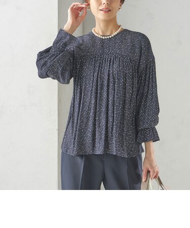 〈手洗い可能〉割繊 クルーネック ギャザー ブラウス