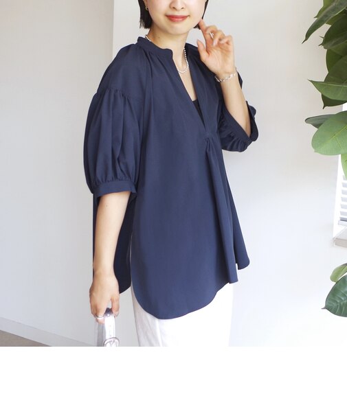 〈手洗い可能〉RENU ソフト タイプライター スキッパー 5分袖 ブラウス