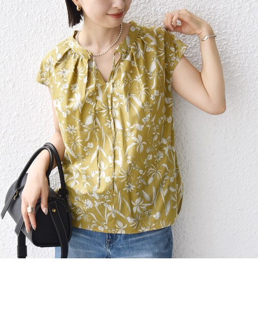 〈手洗い可能〉綿 ローン ボタニカル プリント フレンチ スリーブ ブラウス