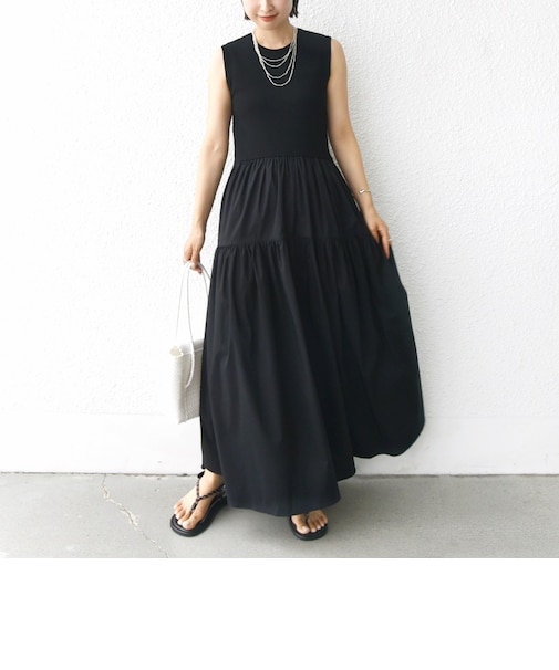 〈手洗い可能〉コットン リブ ノースリーブ × 布帛 スカート ワンピース