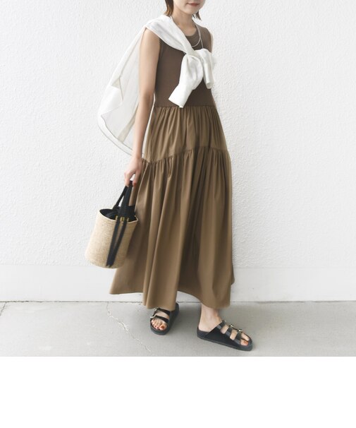 〈手洗い可能〉コットン リブ ノースリーブ × 布帛 スカート ワンピース