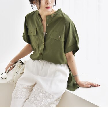 quaranciel:〈手洗い可能〉バンドカラー ハーフスリーブ ポケット ワーク シャツ