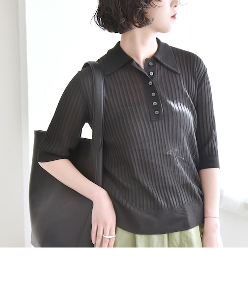quaranciel:〈手洗い可能〉シアー ラメ ポロ リブ ニット プルオーバー