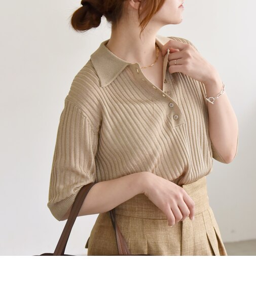 quaranciel:〈手洗い可能〉シアー ラメ ポロ リブ ニット プルオーバー