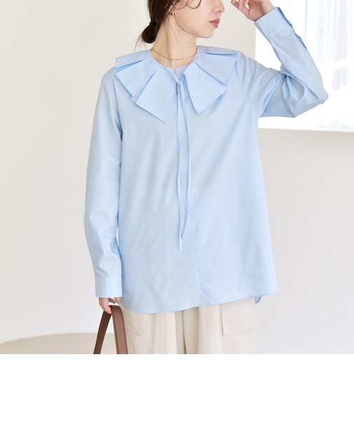 quaranciel:〈洗濯機可能〉タックカラー 2way キーネック シャツ ブラウス