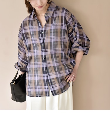 quaranciel:〈手洗い可能〉シアー チェック ドルマン ビッグ レギュラー シャツ