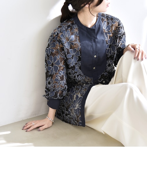 quaranciel:〈手洗い可能〉デニム フラワー レース バンドカラー シャツ