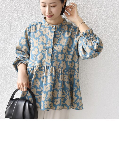 【WEB限定】〈手洗い可能〉ドット 花柄 袖 シャーリング ブラウス