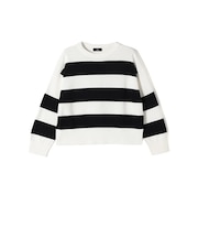 SHIPS Primary Navy Label:ガス コットン ワイド ボーダー クルーネック