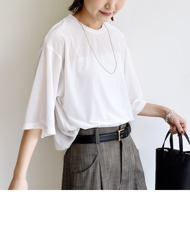 〈手洗い可能〉シアー トリコット ポリエステル ベロア 五分袖 ワイド TEE