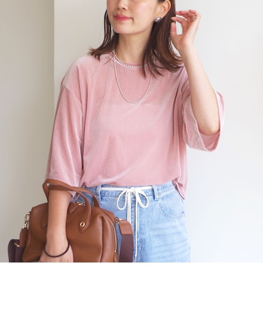 〈手洗い可能〉シアー トリコット ポリエステル ベロア 五分袖 ワイド TEE