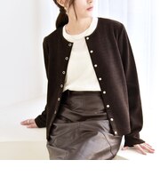 quaranciel:〈洗濯機可能〉ポリエステル ベロア リブ コンパクト スナップ カーディガン