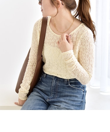 quaranciel:〈手洗い可能〉フラワー レース ストレッチ クルーネック プルオーバー
