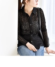quaranciel:〈手洗い可能〉フラワー レース ストレッチ レギュラーカラー シャツ カットソー