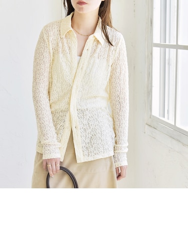 quaranciel:〈手洗い可能〉フラワー レース ストレッチ レギュラーカラー シャツ カットソー