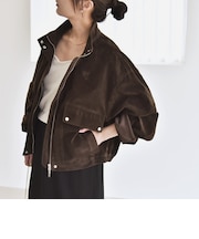 quaranciel〈洗濯機可能〉ポリエステル スエード スタンドカラー ジップ ショート ブルゾン