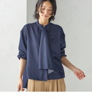 〈手洗い可能〉デニム ライク リボン タイ ブラウス