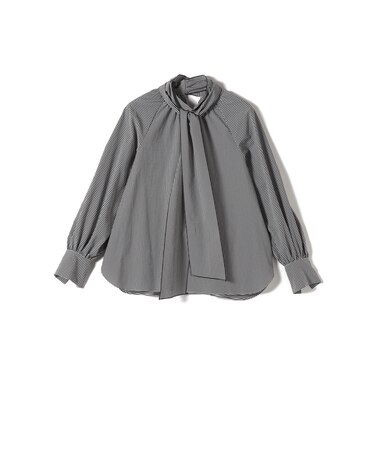 SHIPS Primary Navy Label:ストレッチ ギンガム ボウタイ ブラウス