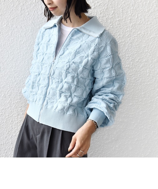 【WEB限定】〈手洗い可能〉フラワー ジャカード ジップ カーディガン