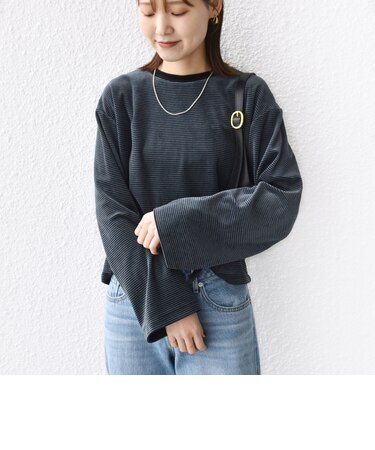 〈手洗い可能〉コットン ポリエステル ベロア ワイド スリーブ ボーダー