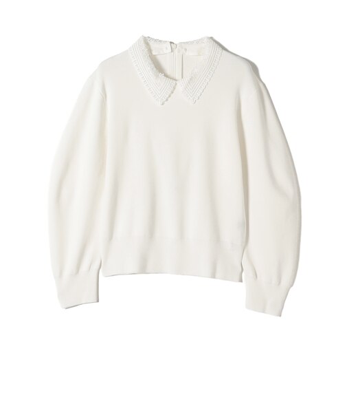 SHIPS Primary Navy Label:〈手洗い可能〉シルク混 レース 襟 プルオーバー