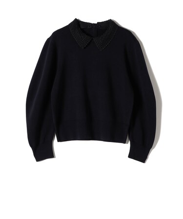 SHIPS Primary Navy Label:〈手洗い可能〉シルク混 レース 襟 プルオーバー