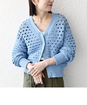 SHIPS any:〈手洗い可能〉コットン ミックス 透かし編み Vネック カーディガン