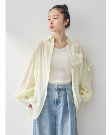 袖スリットリボンロングシャツ