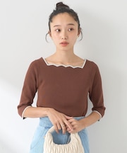襟袖スカラップ配色プルオーバー