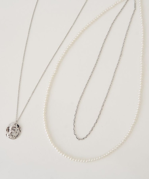 SET2点パールチェーンネックレス+コインモチーフネックレス